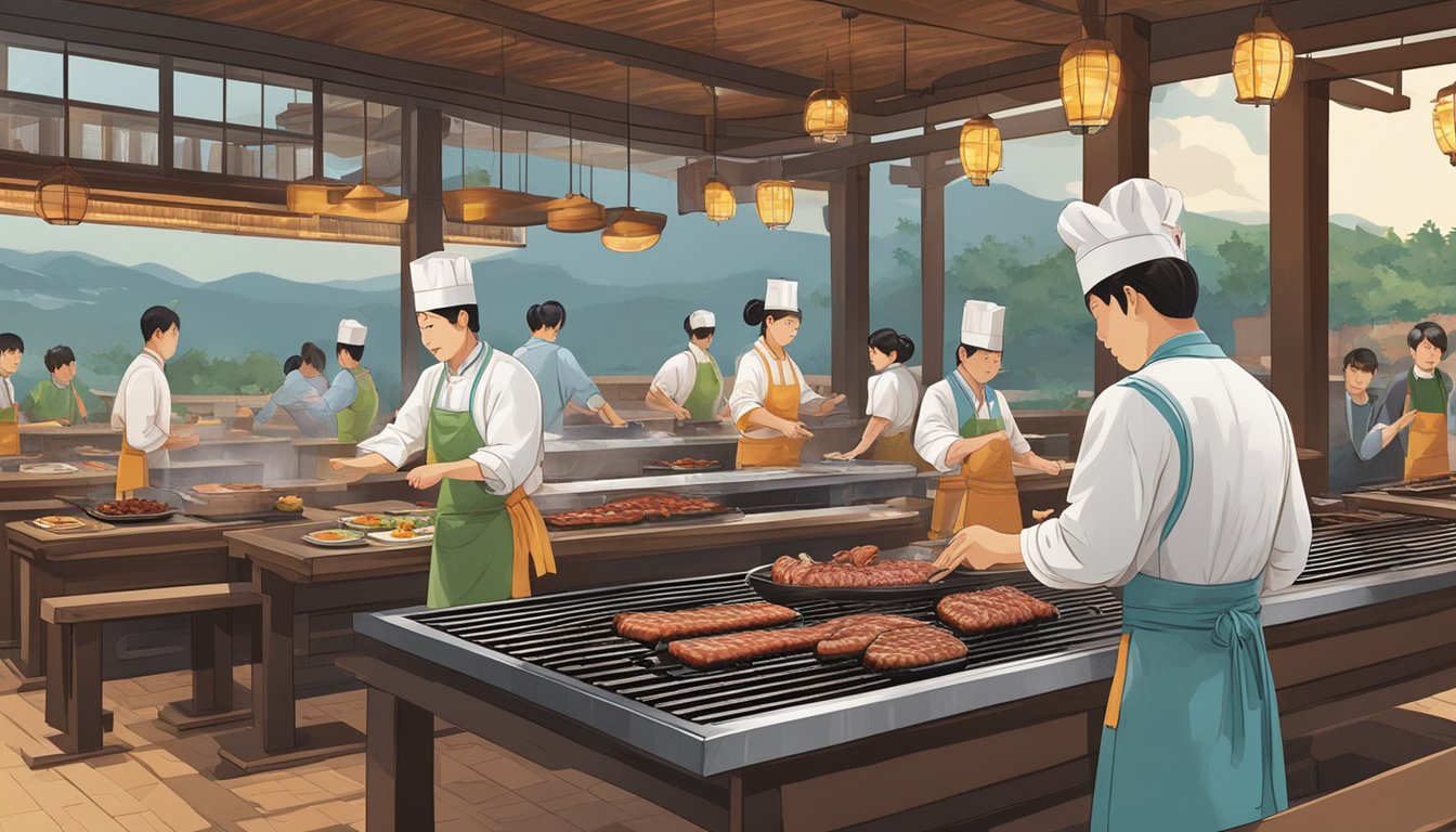 A sizzling grill cooks marinated meats as diners sit at wooden tables, surrounded by the savory aroma of Korean barbecue. A server moves between tables, tending to the grills and ensuring a delightful dining experience