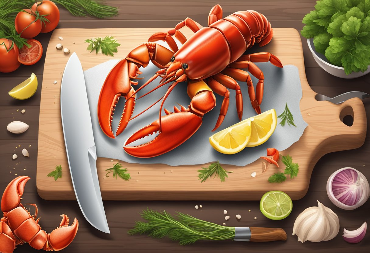 Lobster claws and arms arranged on a cutting board, with a knife and ingredients nearby for a recipe illustration