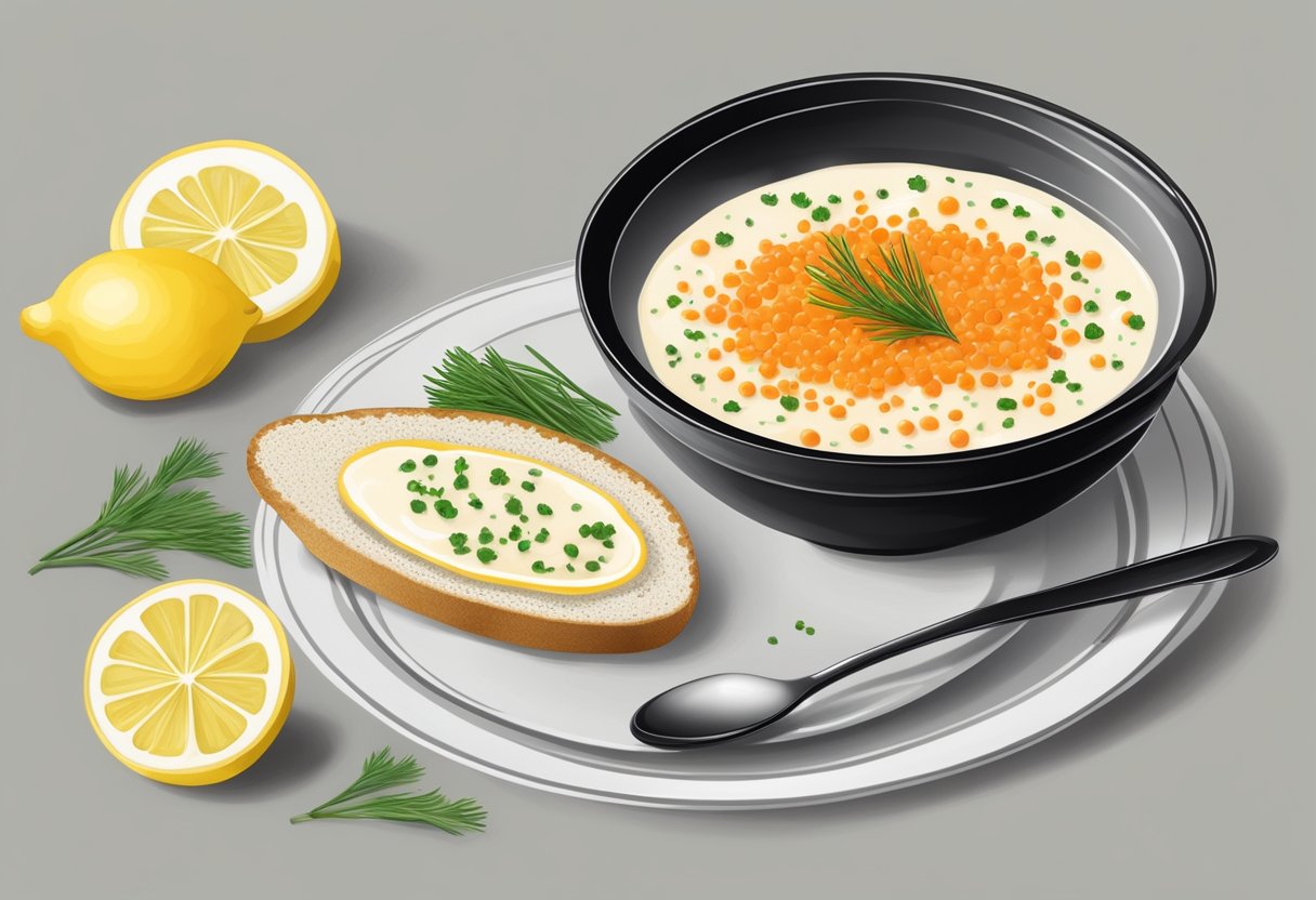 A bowl of fish roe mixed with mayonnaise, lemon juice, and chives, garnished with a sprinkle of black pepper and served with a side of toasted bread