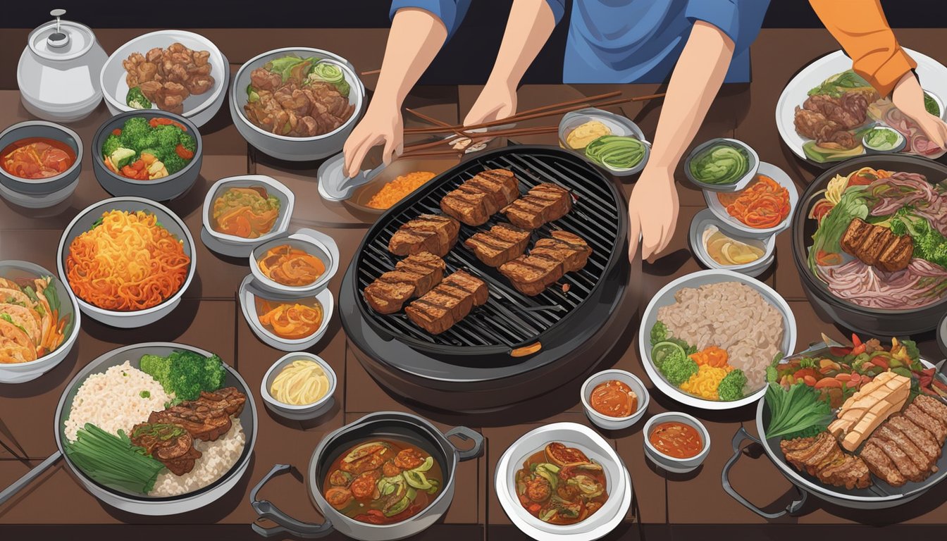 A sizzling grill with marinated meats, surrounded by colorful banchan dishes and steaming rice bowls, as diners eagerly cook and enjoy their Korean BBQ experience
