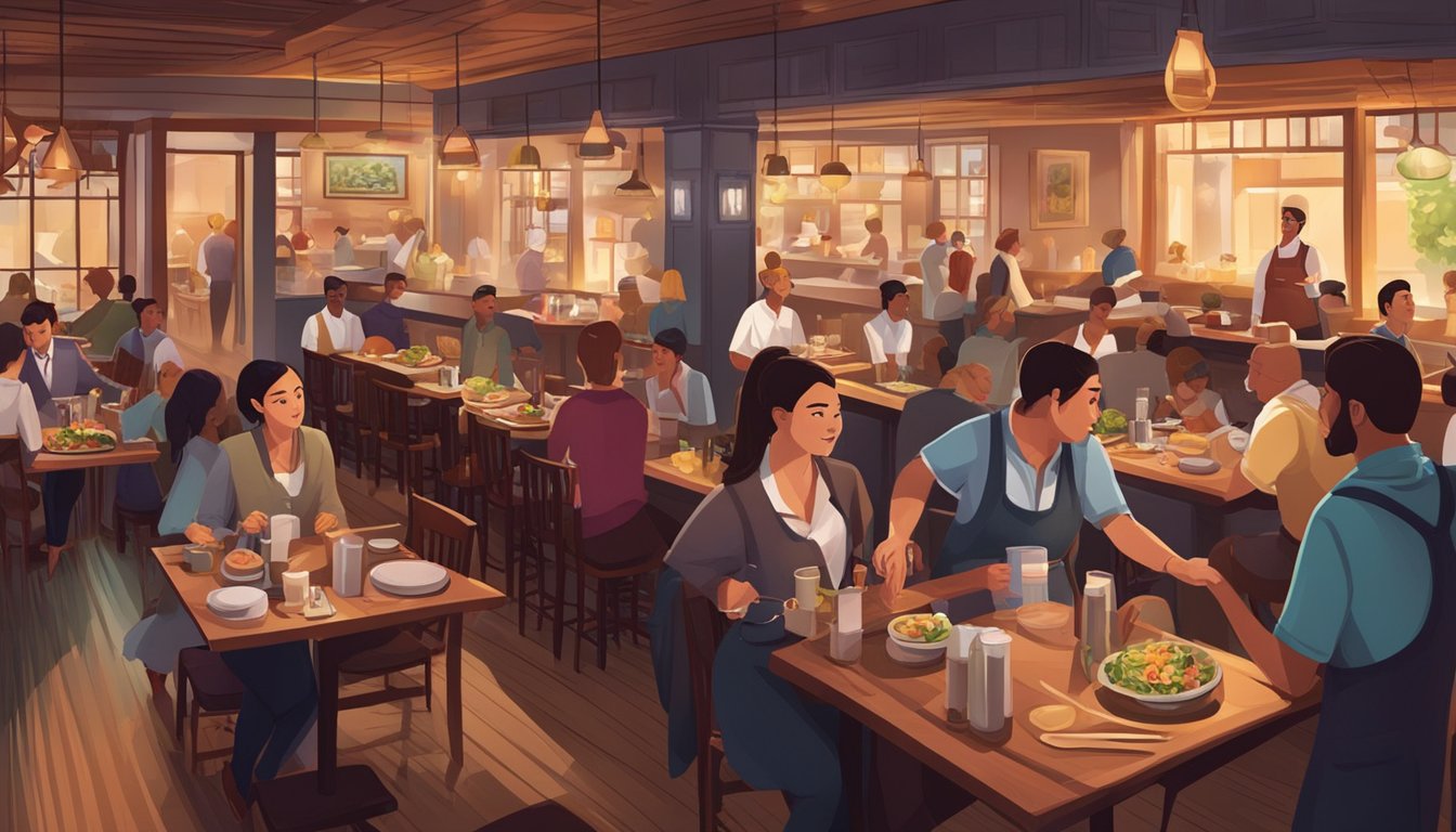 A bustling restaurant with dim lighting, cozy booths, and a lively open kitchen. The aroma of sizzling food fills the air as waitstaff hurry between tables