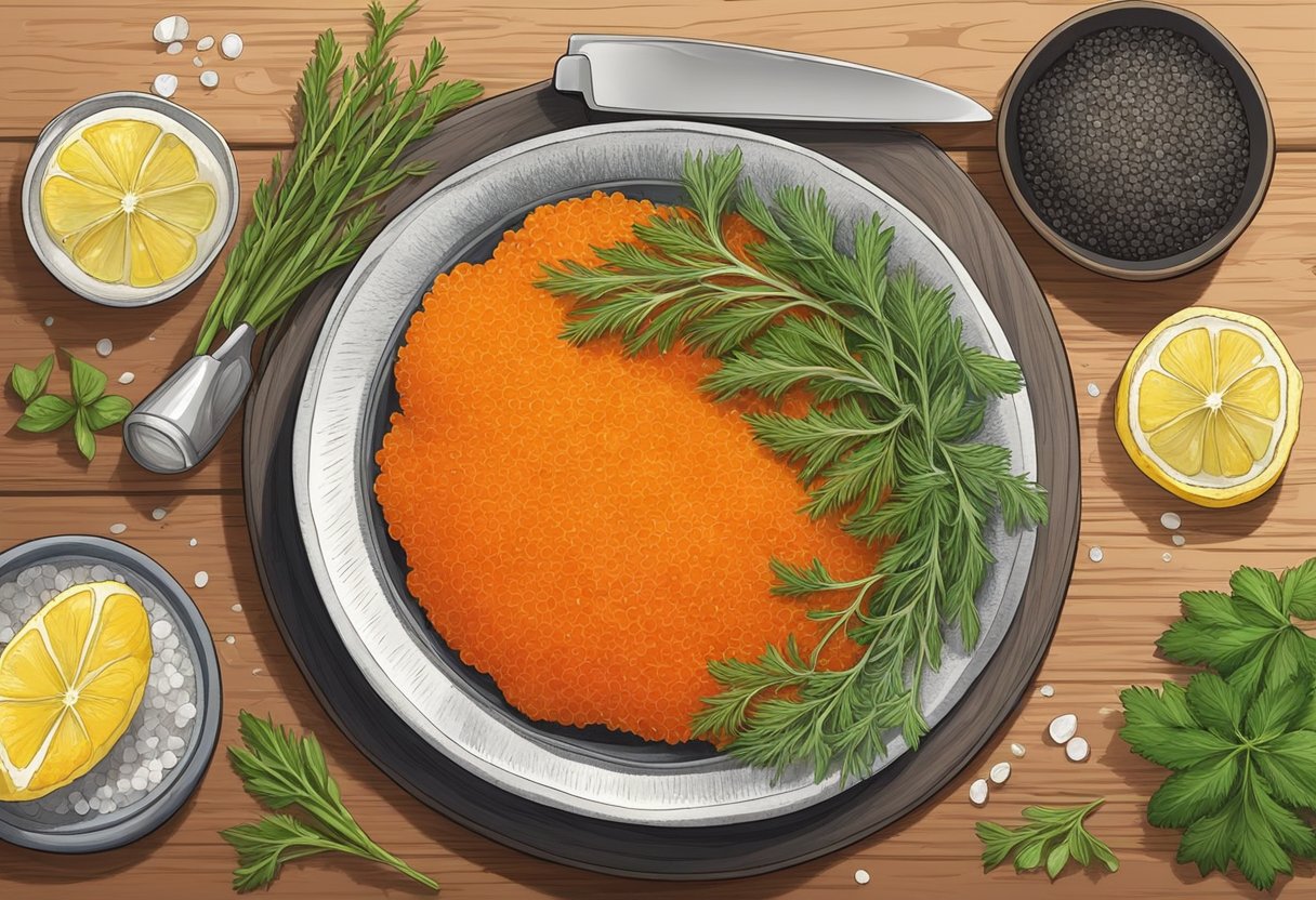 A bowl of fish roe sits on a wooden cutting board, surrounded by fresh herbs, lemon wedges, and a small dish of sea salt. A chef's knife and a spoon are nearby, ready for preparation