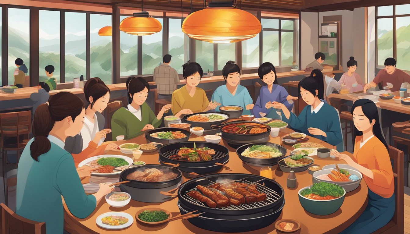A bustling Korean barbecue restaurant with sizzling grills, colorful banchan dishes, and lively conversations. Traditional decor and vibrant aromas fill the air
