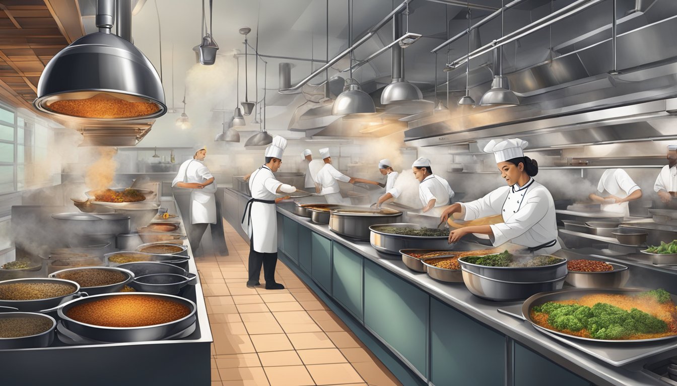 A bustling restaurant kitchen with chefs preparing diverse dishes, steam rising from pots, and the aroma of spices filling the air
