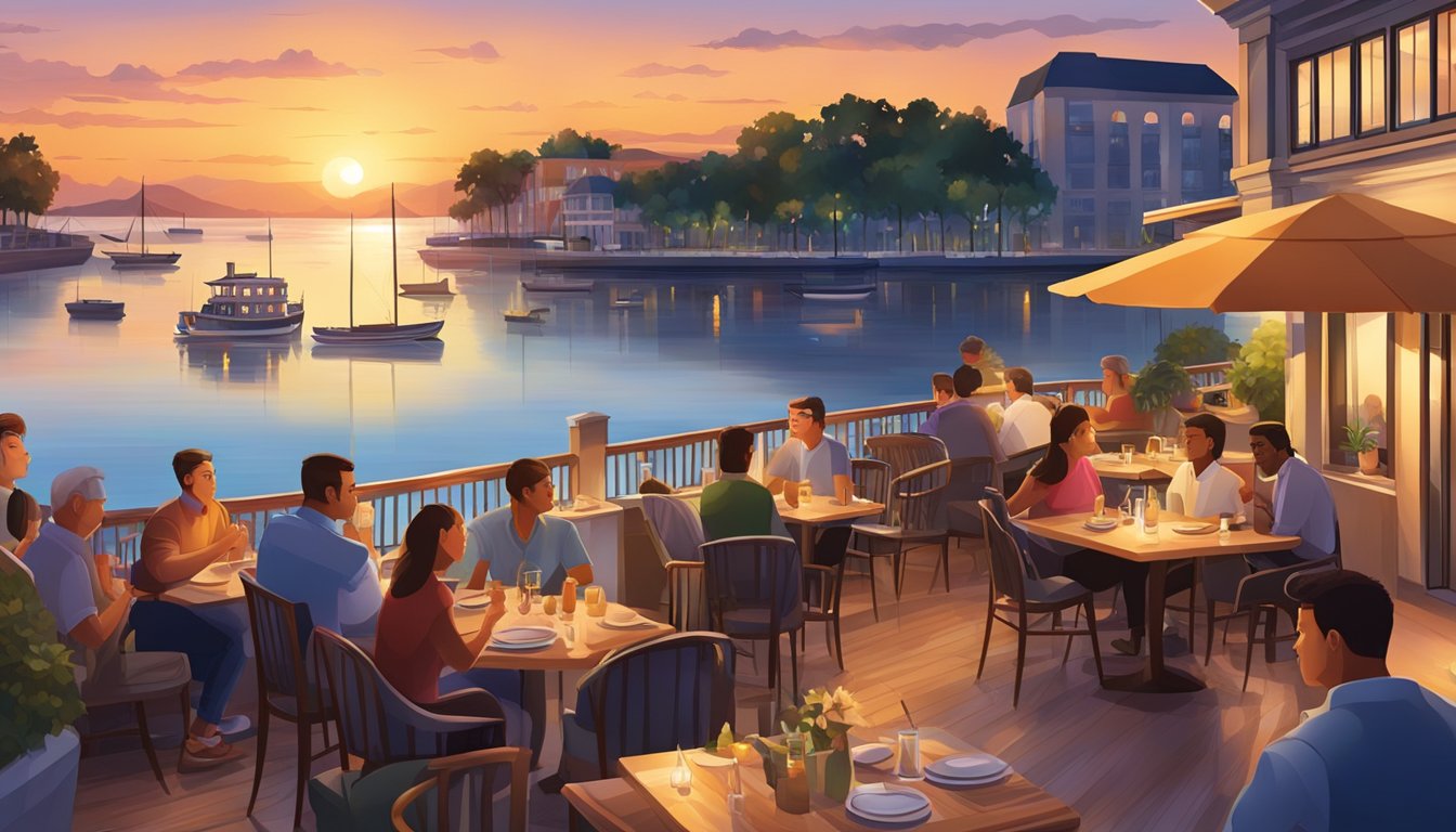 A bustling esplanade restaurant with outdoor seating, overlooking a serene waterfront with boats and a colorful sunset in the background