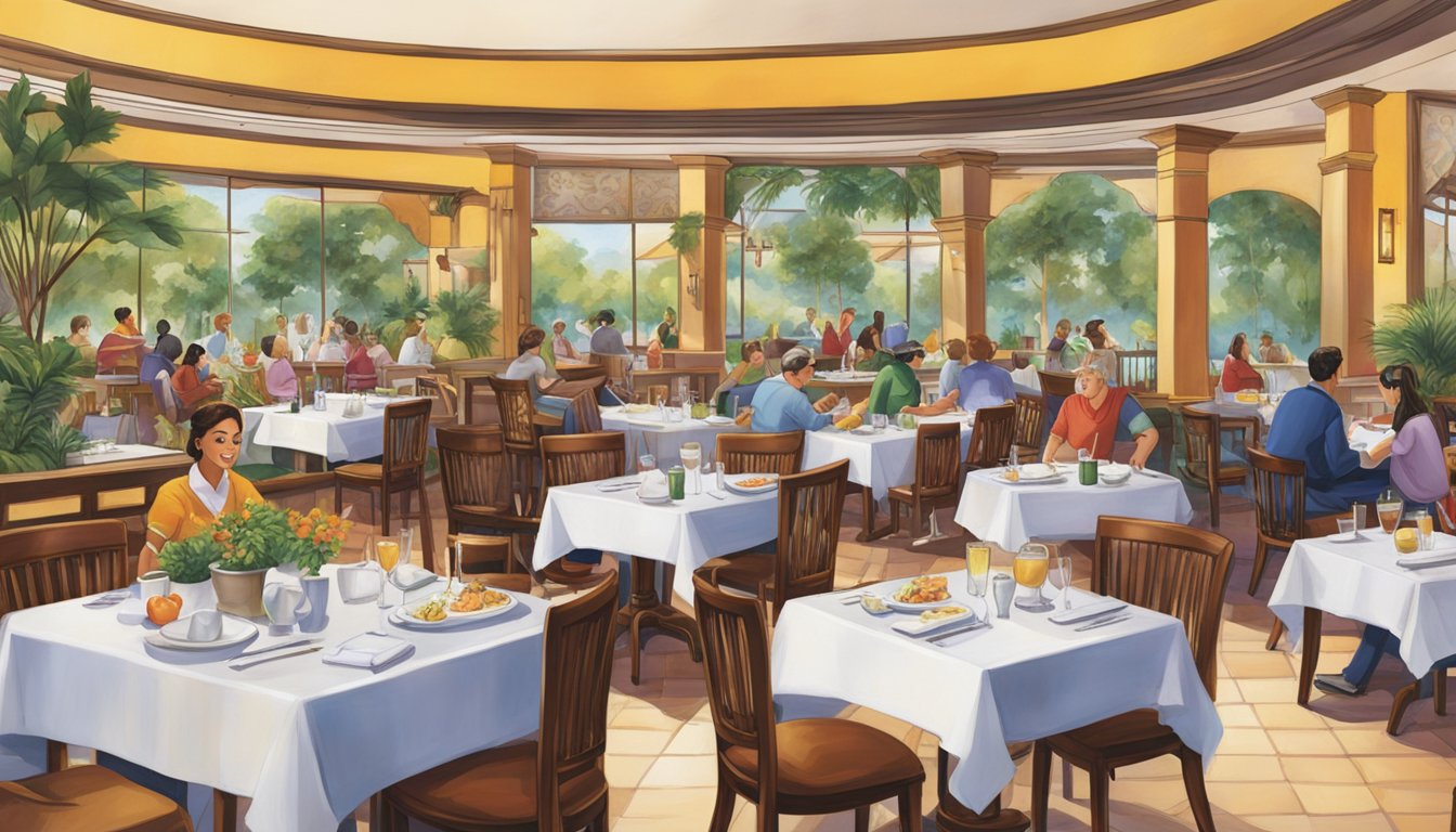 The bustling esplanade restaurant at Culinary Delights is filled with colorful tables and the aroma of sizzling dishes, while the sound of clinking glasses and lively chatter fills the air