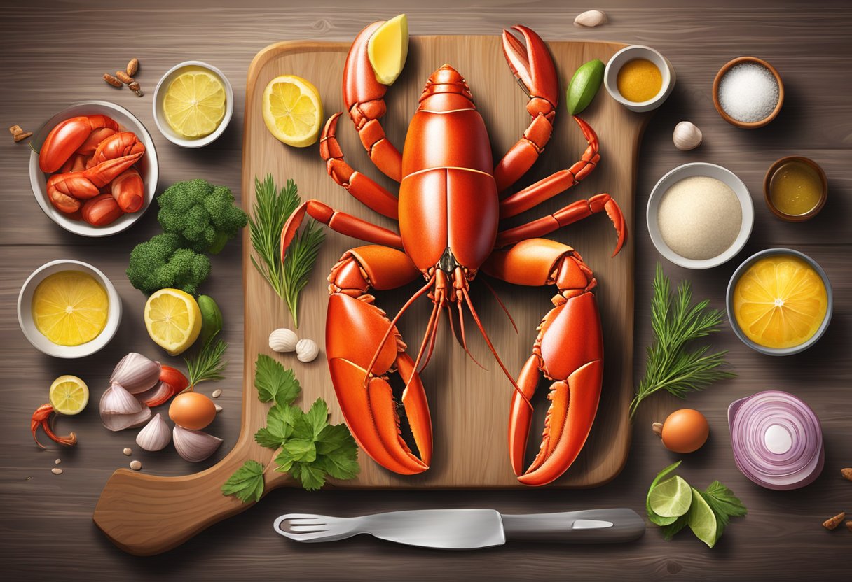 Lobster claws and arms arranged on a wooden cutting board, surrounded by various cooking ingredients and utensils
