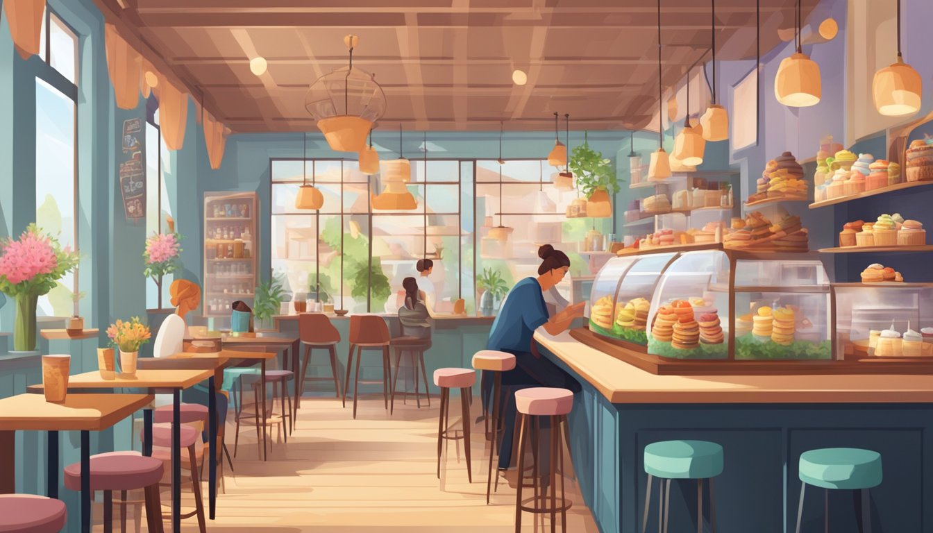 A cozy cafe with colorful pastries and steaming beverages on display. Customers chat and enjoy their treats at small tables