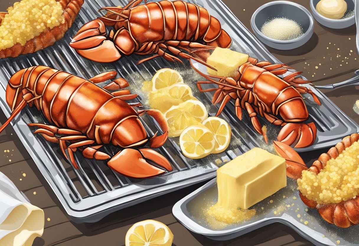 Lobster tails being brushed with butter and sprinkled with seasoning before being placed on a grill