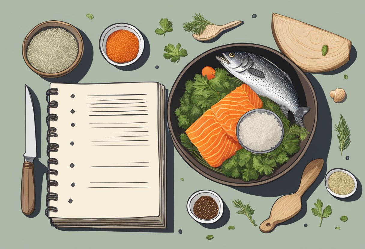 A bowl of fish roe surrounded by ingredients, a chef's knife, and a recipe book open to the "Frequently Asked Questions fish roe recipe" page