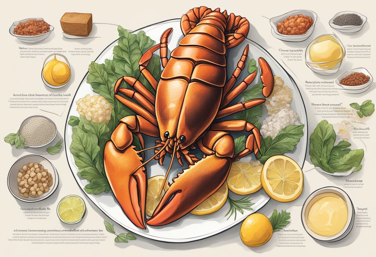 A lobster tail surrounded by ingredients, a recipe card, and a list of frequently asked questions