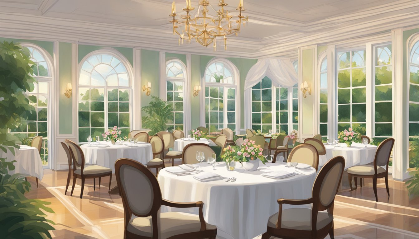 The elegant dining room at Marguerite restaurant, with soft lighting, white tablecloths, and a large window overlooking a lush garden
