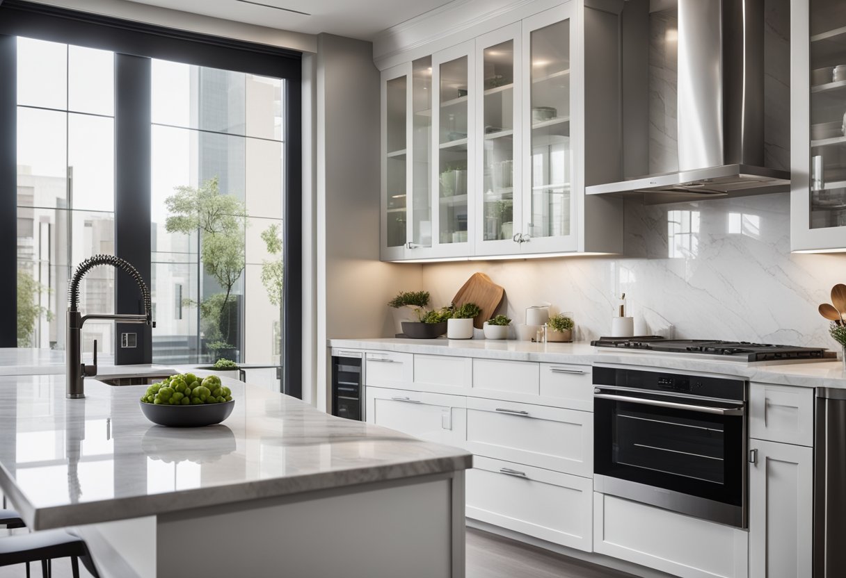 A sleek, open-concept kitchen with stainless steel appliances, marble countertops, and minimalist cabinetry. Large windows let in natural light, illuminating the clean, contemporary design