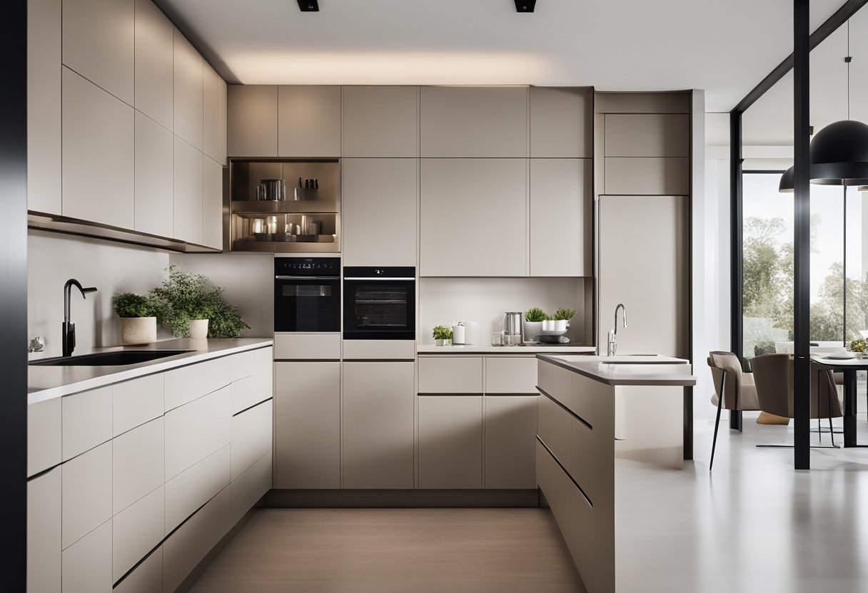 A sleek, minimalist kitchen with clean lines, integrated appliances, and a neutral color palette. The space features a central island with a built-in sink and ample storage