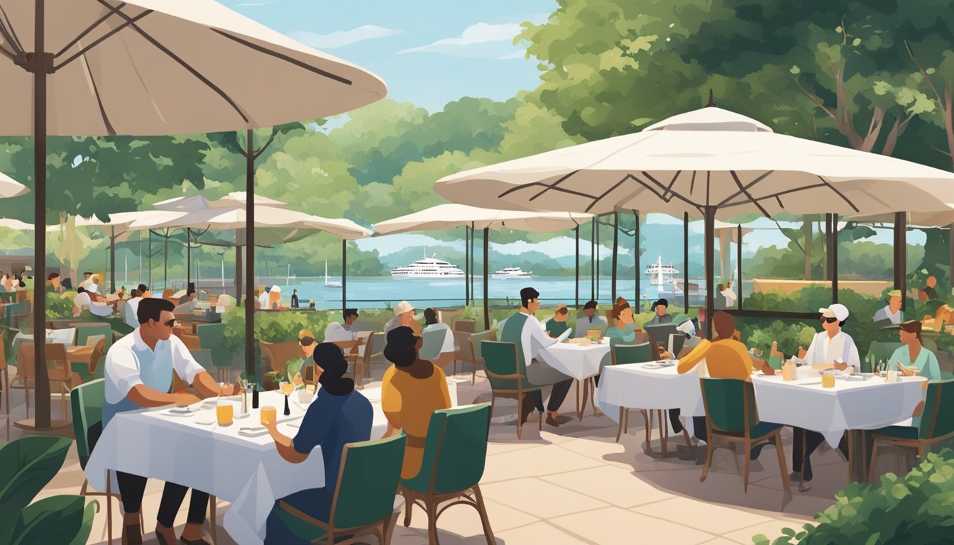 A bustling esplanade restaurant with outdoor seating, surrounded by lush greenery and overlooking a serene waterfront. Tables are filled with diners enjoying their meals as servers move gracefully between them