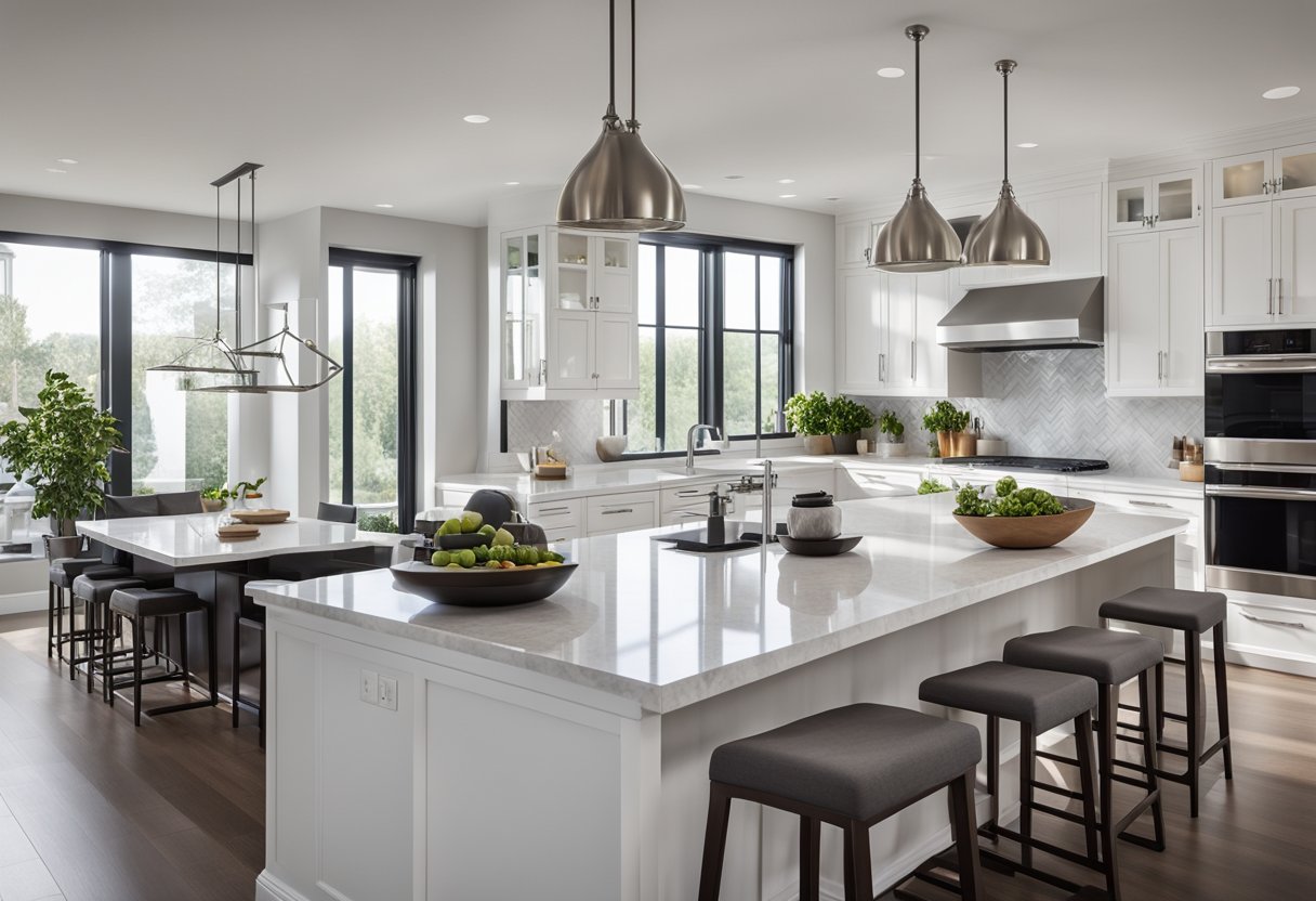 A modern kitchen with sleek countertops, stainless steel appliances, and a large island with bar stools. Natural light floods in through the windows, illuminating the clean, minimalist design