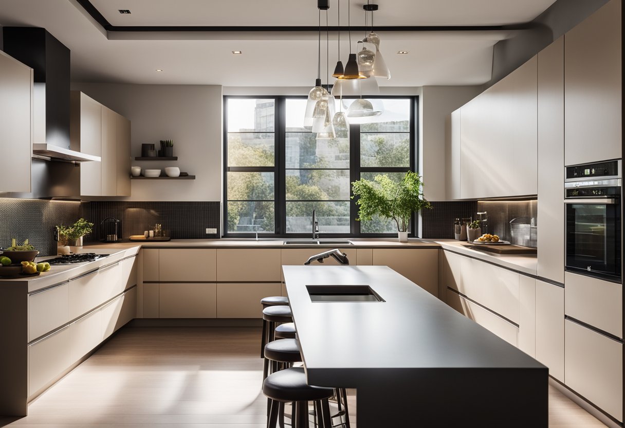 A modern kitchen with sleek appliances, clean lines, and ample counter space. The sunlight streams in through large windows, illuminating the space