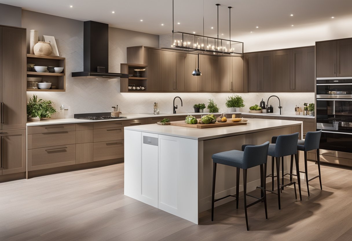 A spacious kitchen with an open layout, featuring a central island for food preparation and socializing, surrounded by ample counter space and storage cabinets