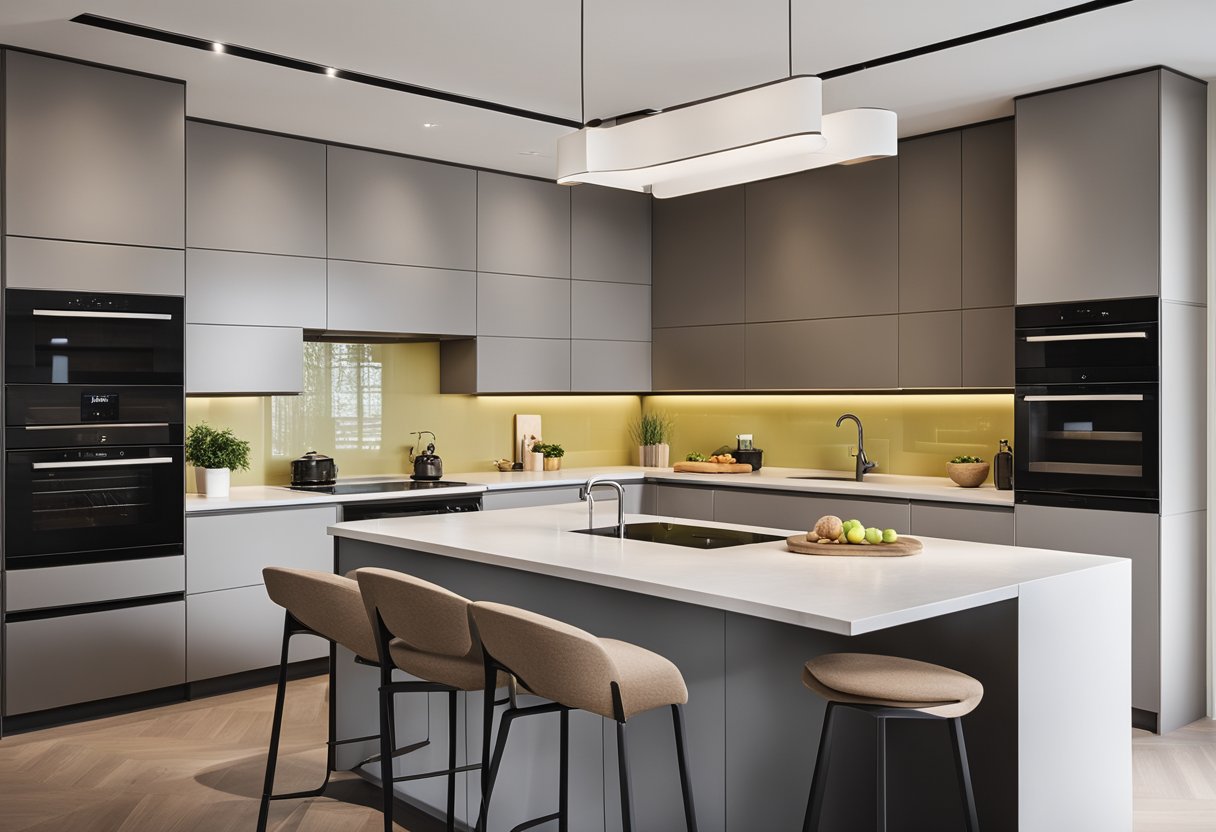 A sleek, minimalist kitchen with clean lines, integrated appliances, and ample storage. A central island with a built-in sink and breakfast bar. Neutral color palette with pops of color in the decor