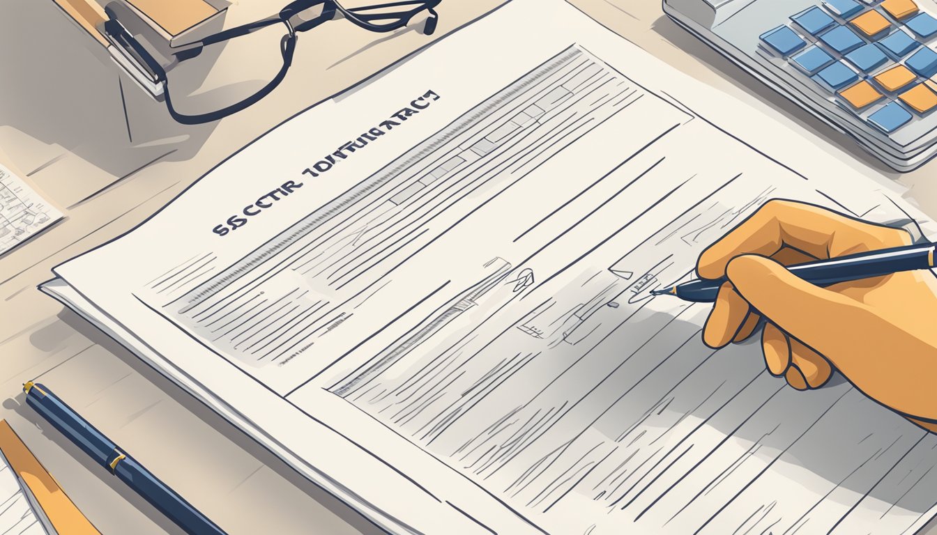 A contract document with highlighted criteria and a person crossing out their signature