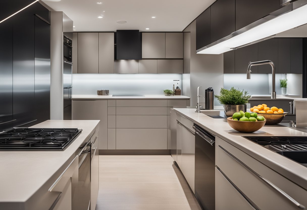 A modern kitchen with sleek countertops, stainless steel appliances, and minimalist design elements. The color scheme is neutral with pops of vibrant accents