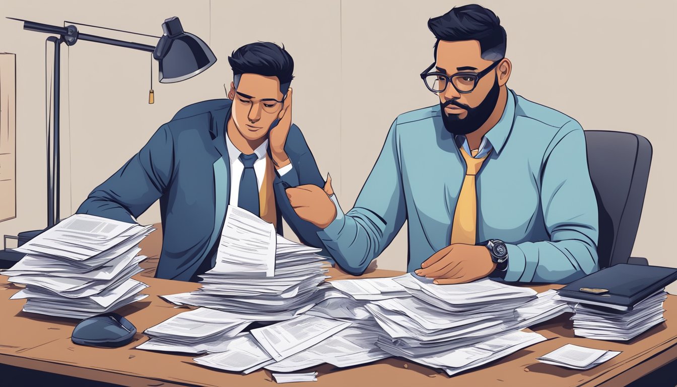 A pile of unpaid bills and legal documents, a broken contract, and a distressed individual holding a guarantor agreement