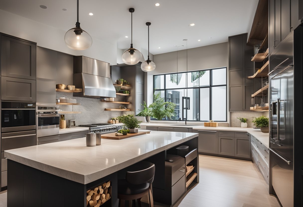 A modern kitchen with sleek countertops, open shelving, and a large island. Bright lighting and a clean, minimalist design create a welcoming space for customers to ask questions