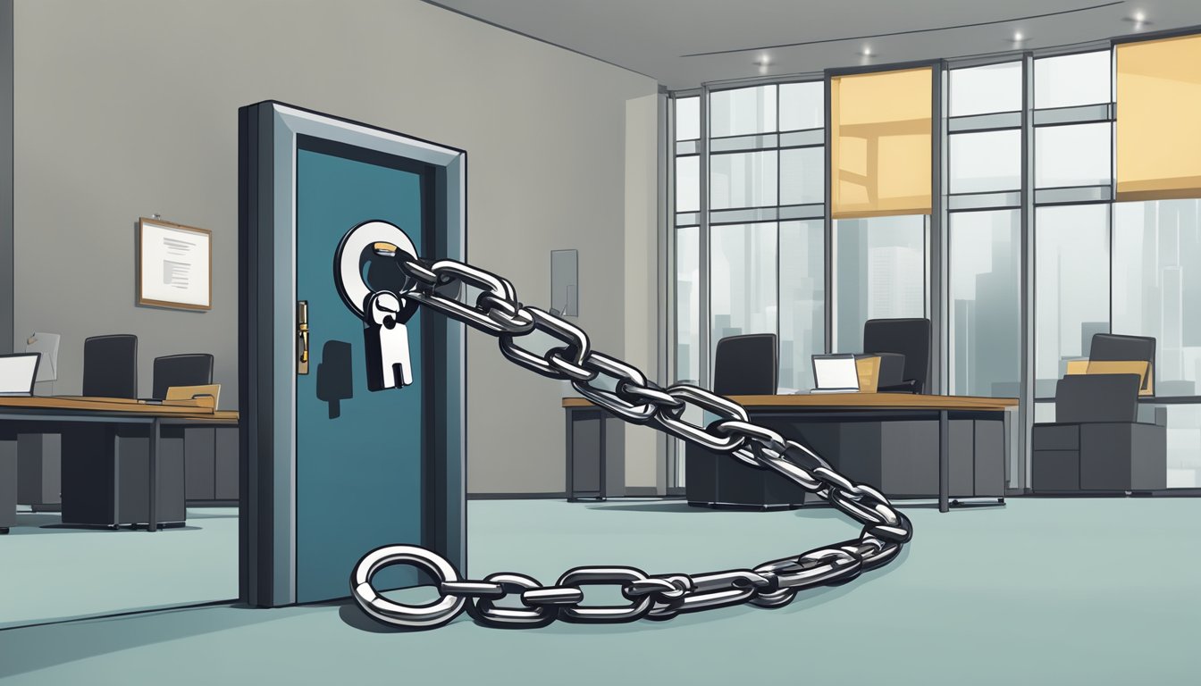 A broken chain symbolizing release from guarantorship, with a keyhole and a key nearby. The setting is in a modern office or legal environment
