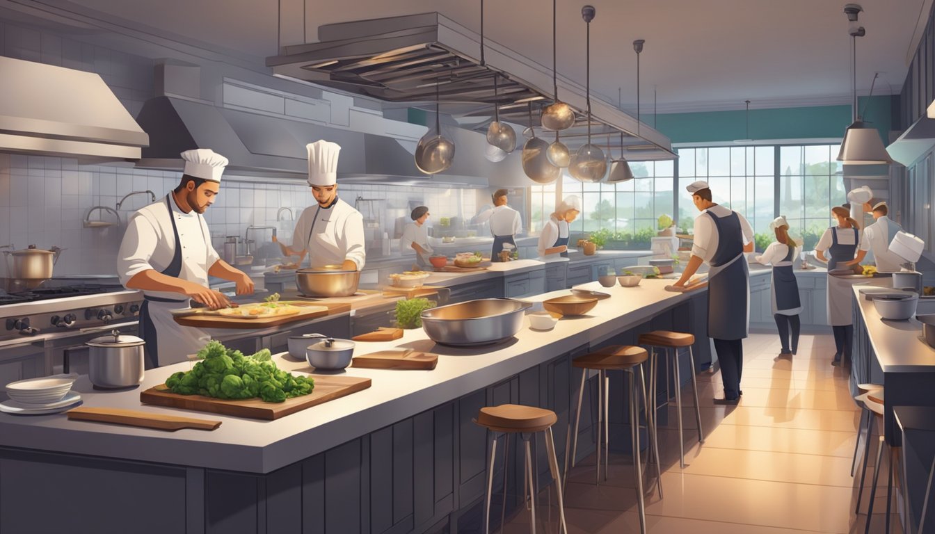 A bustling kitchen with chefs preparing dishes, while diners enjoy their meals in a stylish dining area with modern decor and ambient lighting