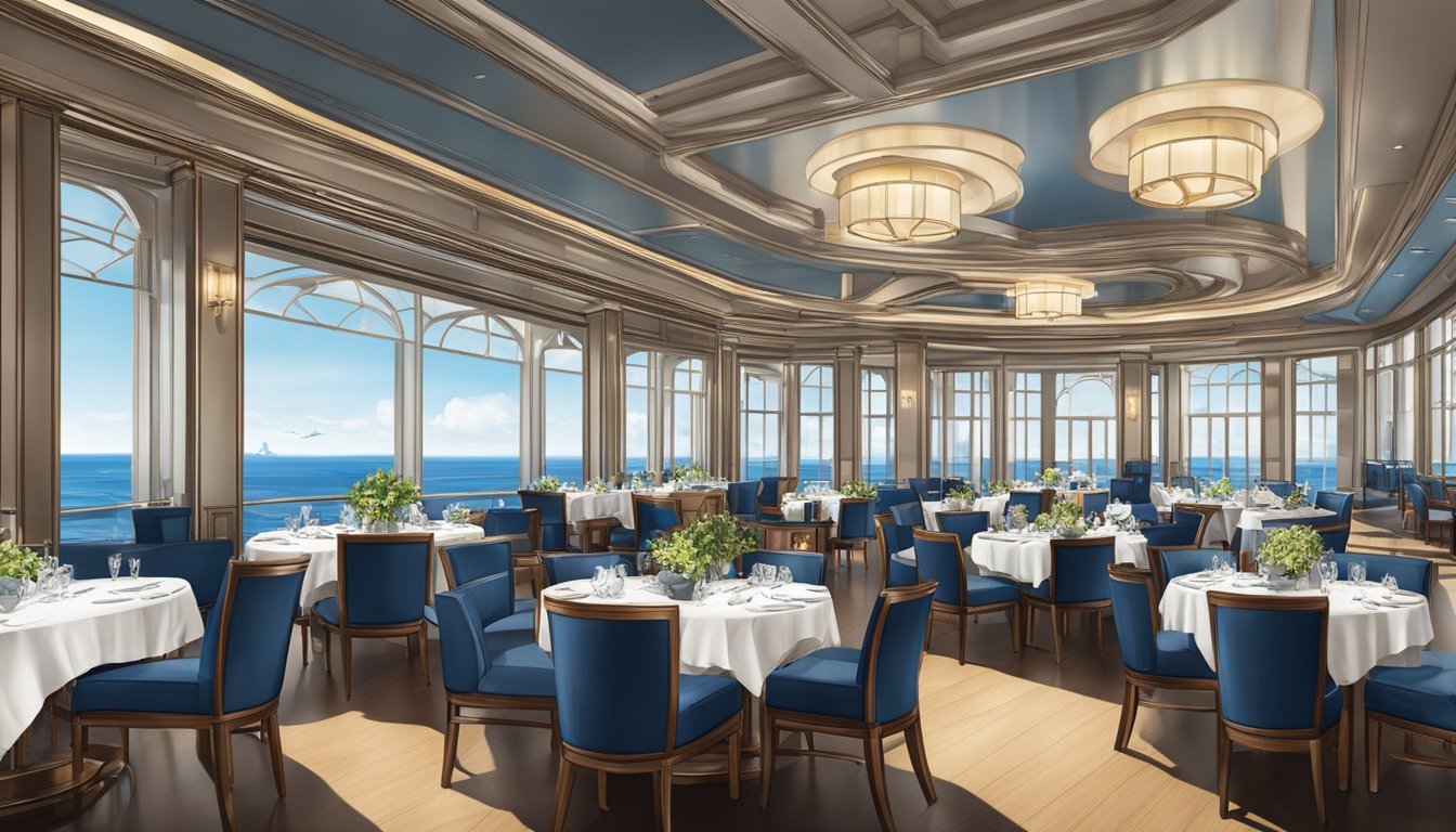 The ship restaurant at Shaw Centre: a grand dining area with nautical decor, large windows overlooking the water, and elegant tables set for a luxurious dining experience