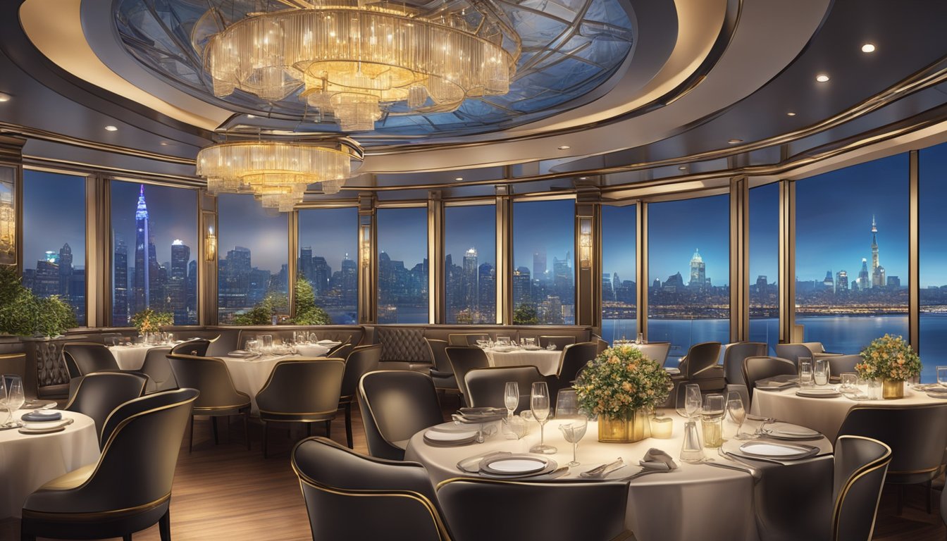 A luxurious dining experience at a ship-themed restaurant in the Shaw Centre, with elegant decor and a view of the city skyline
