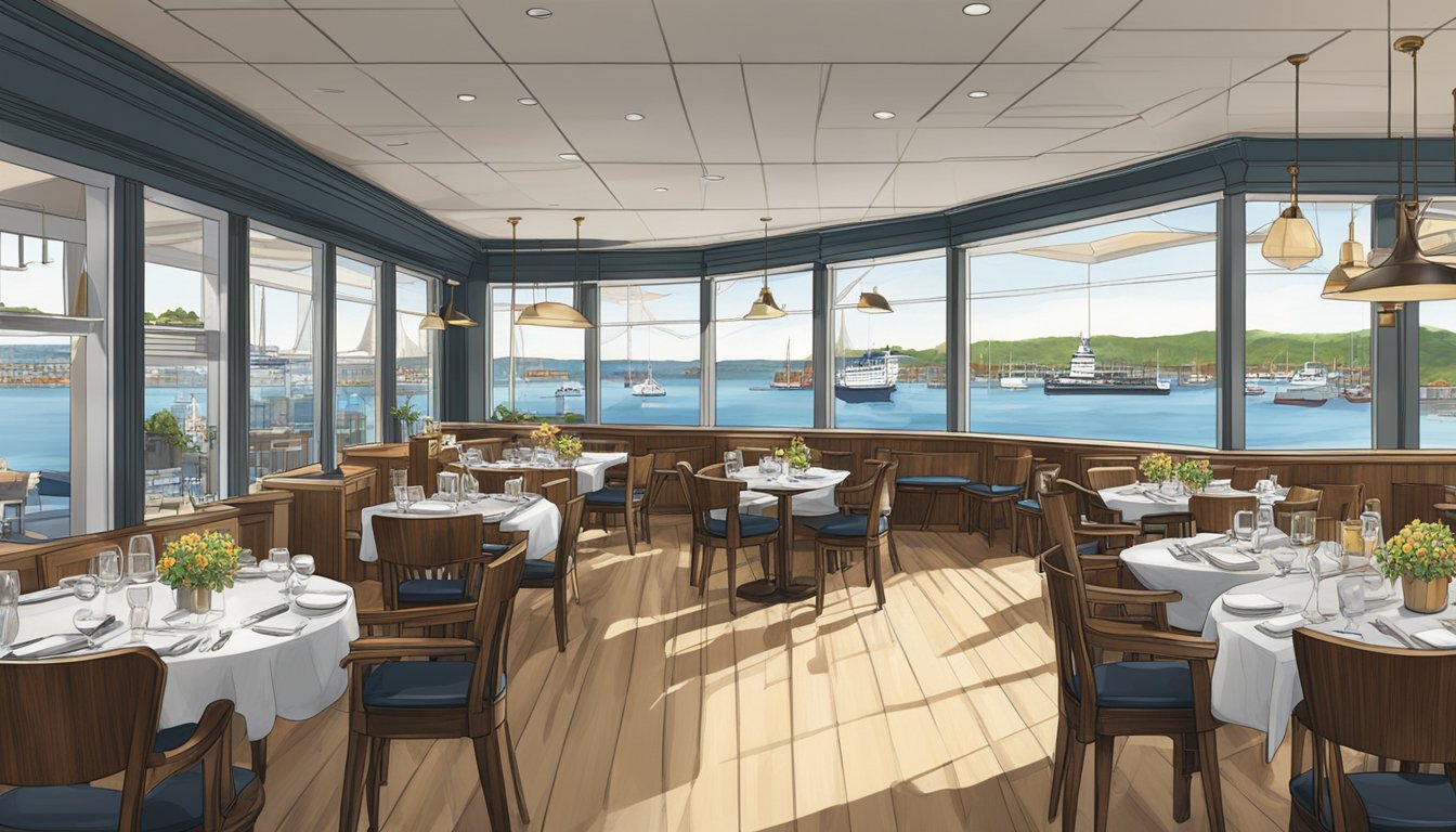 The ship restaurant at Shaw Centre is a bustling waterfront eatery, with views of the harbor and a nautical-themed decor