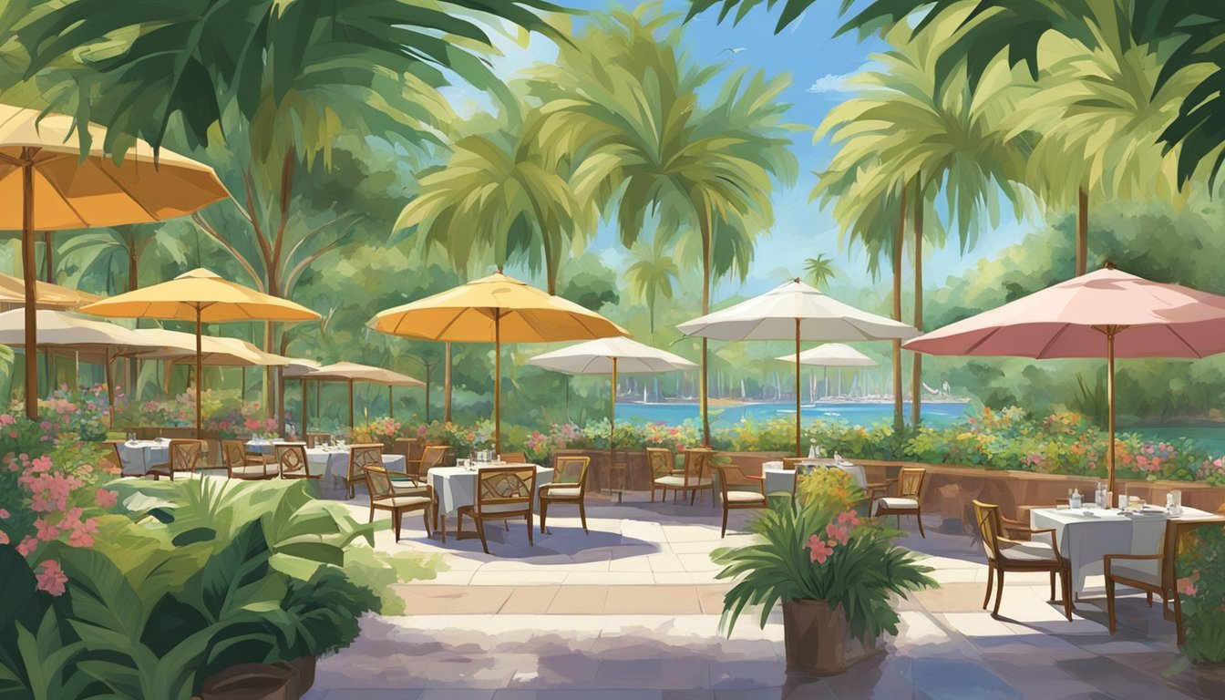 A lush tropical garden surrounds a group of elegant restaurants, with colorful umbrellas shading outdoor dining areas. Palm trees sway in the gentle breeze, and the sound of water features adds to the serene atmosphere