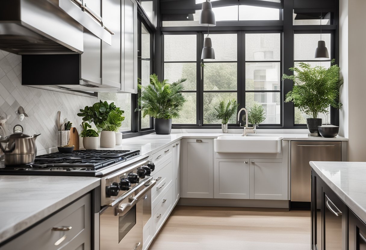 A modern kitchen with sleek white cabinets, marble countertops, and stainless steel appliances. The large window lets in natural light, and a potted plant sits on the windowsill