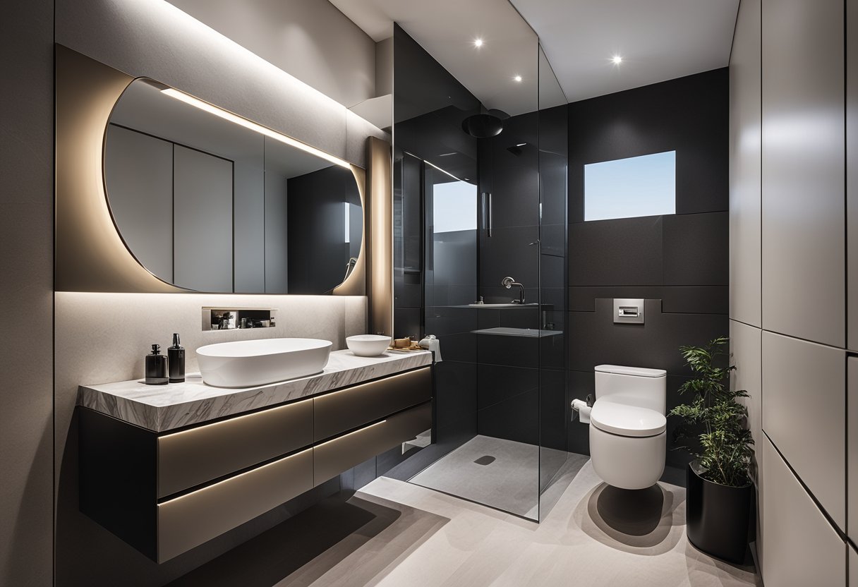 A modern toilet vanity with a sleek, minimalist design. Clean lines, a marble countertop, and a mirror with integrated lighting