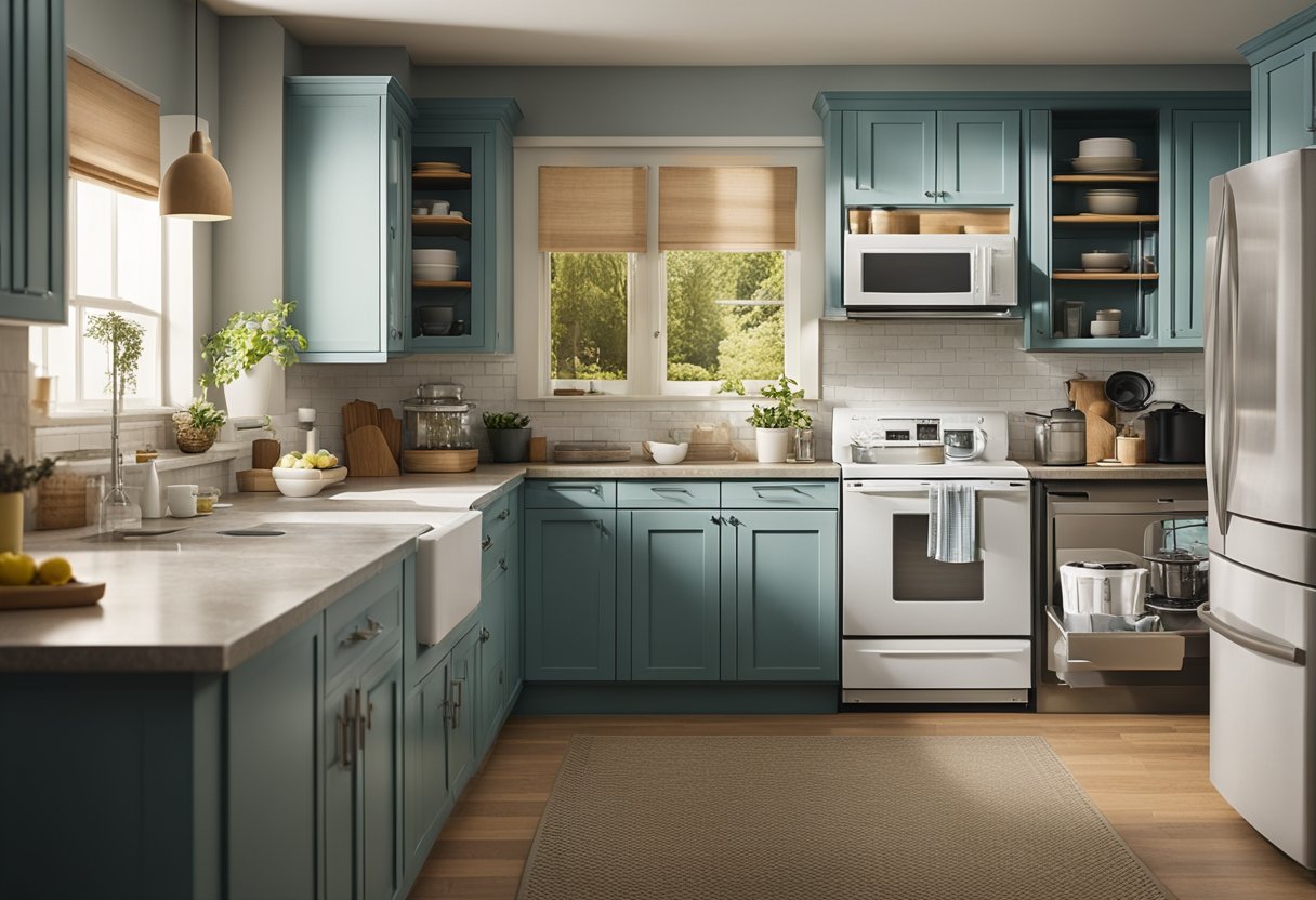 A kitchen with empty cabinets, a cluttered countertop, and outdated appliances. Blueprints and paint swatches scattered on the table