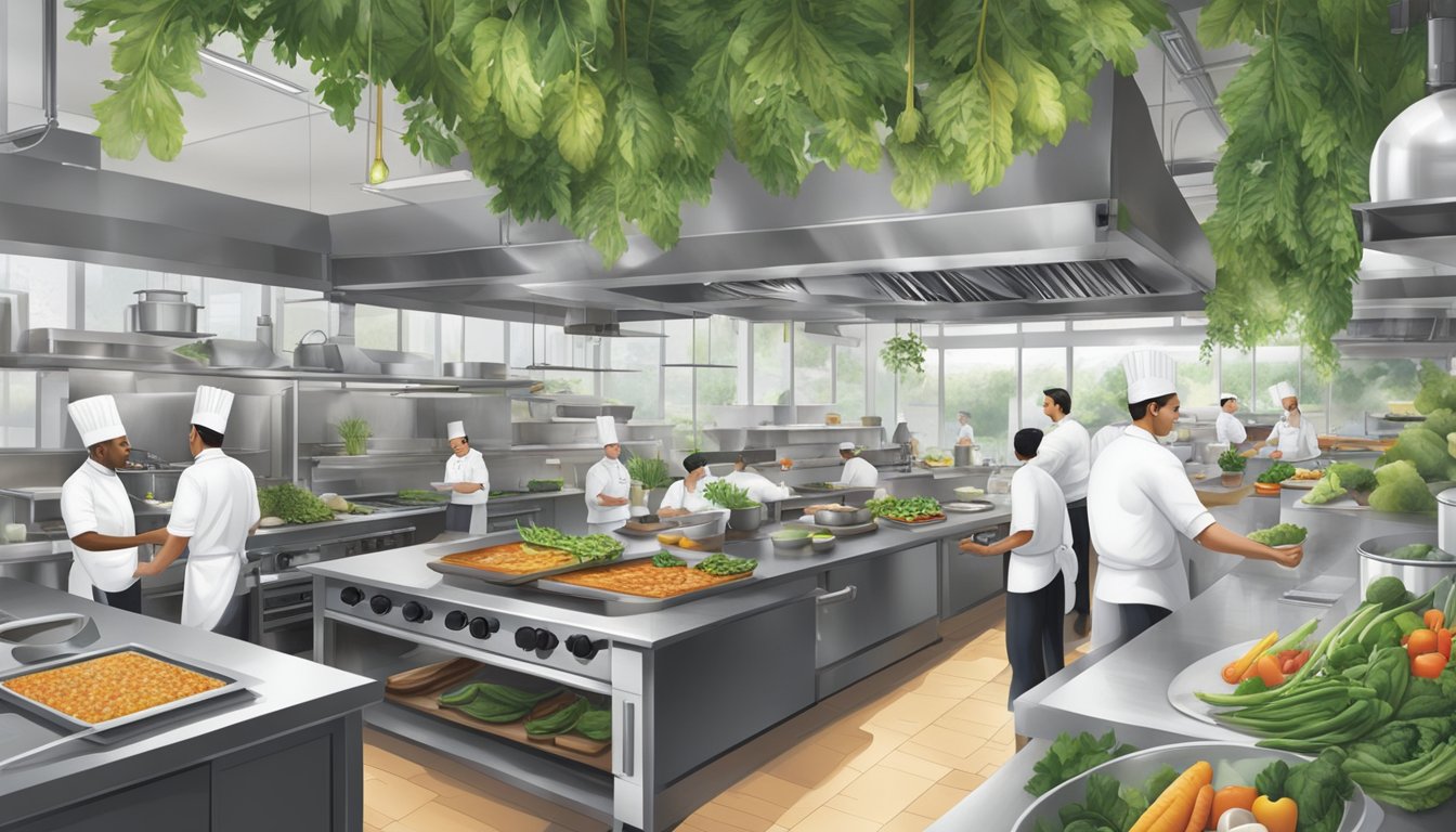 A bustling restaurant kitchen with chefs utilizing cutting-edge, eco-friendly cooking equipment and locally sourced ingredients. The dining area features modern, sustainable design and lush greenery