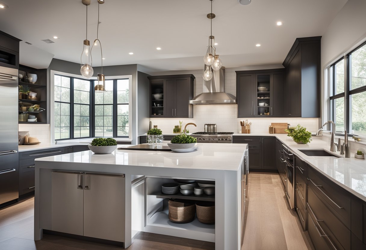 A spacious kitchen with modern appliances, ample storage, and a large island for entertaining. Bright natural light streams in through large windows, illuminating the sleek countertops and stylish fixtures