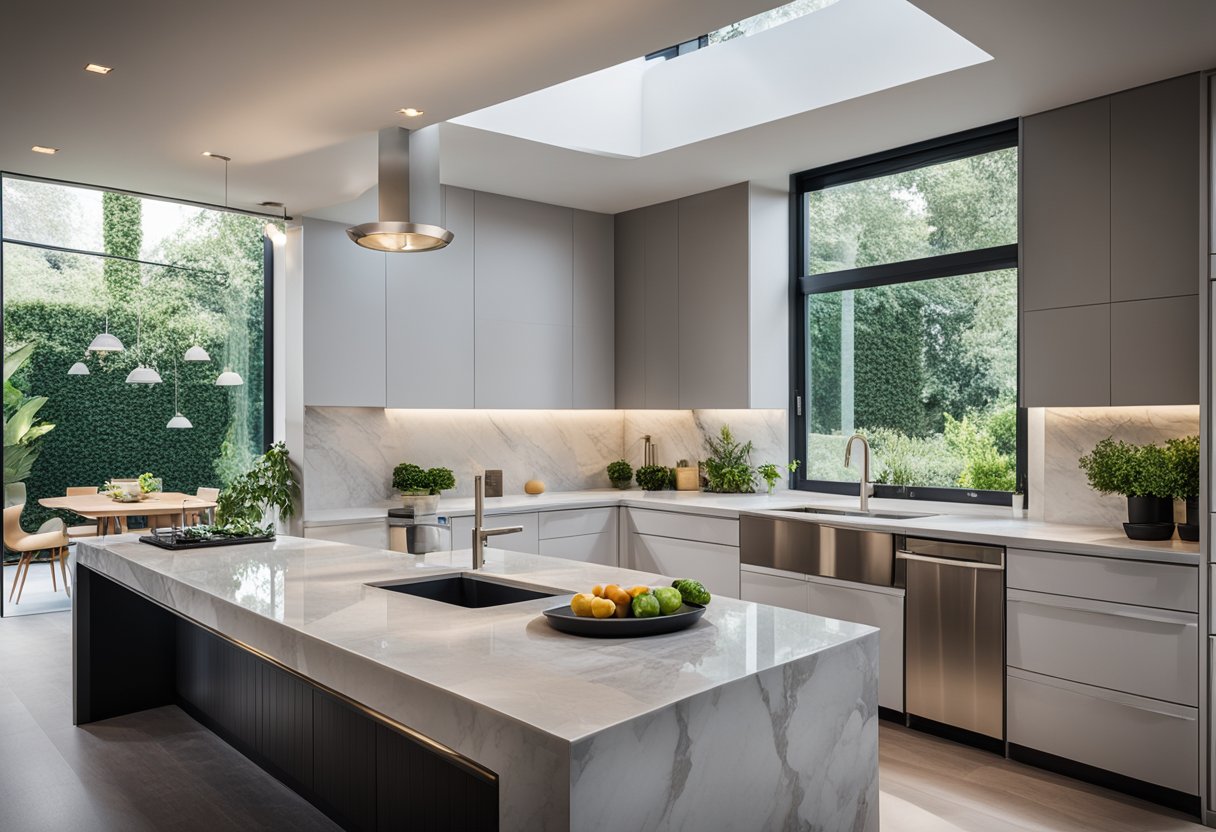 A modern kitchen with sleek, stainless steel designer sinks, surrounded by marble countertops and a large window overlooking a garden