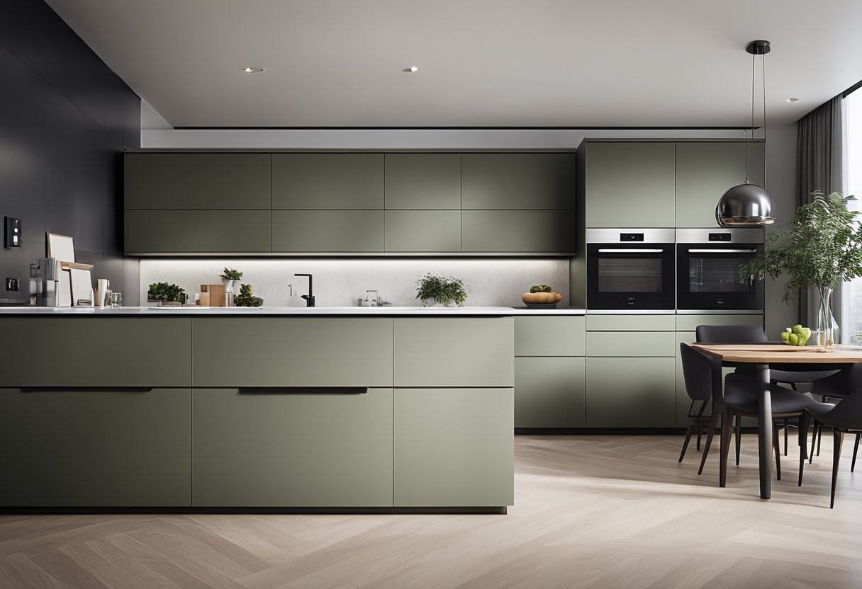 A modern kitchen with clean lines and sleek appliances. The front design features organized storage and a minimalist color scheme