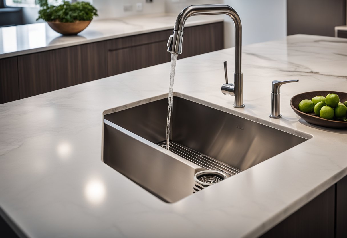 A modern kitchen sink with sleek stainless steel design and minimalist faucet, surrounded by marble countertops and wooden cabinets