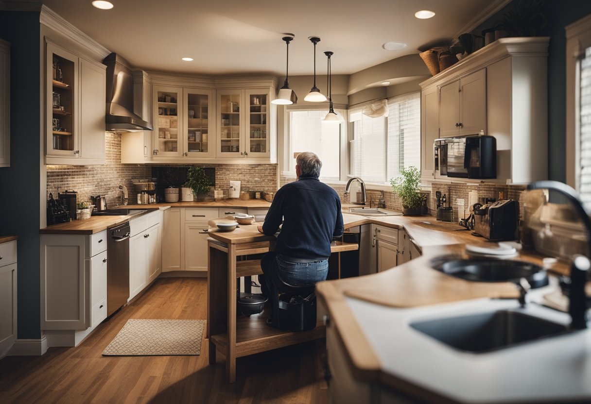 A cluttered kitchen with outdated cabinets and appliances, a homeowner reviewing renovation plans and materials