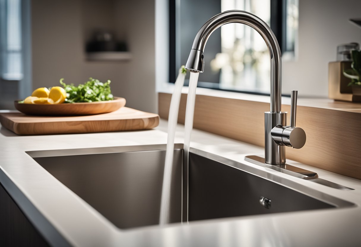 A modern kitchen sink with sleek faucets and built-in soap dispenser. Stainless steel material with deep basin and integrated cutting board