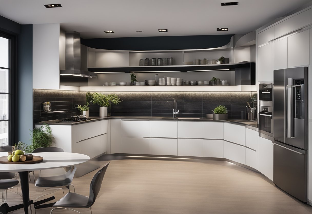 A modern, sleek kitchen with designer sinks on display, surrounded by clean lines and high-end appliances