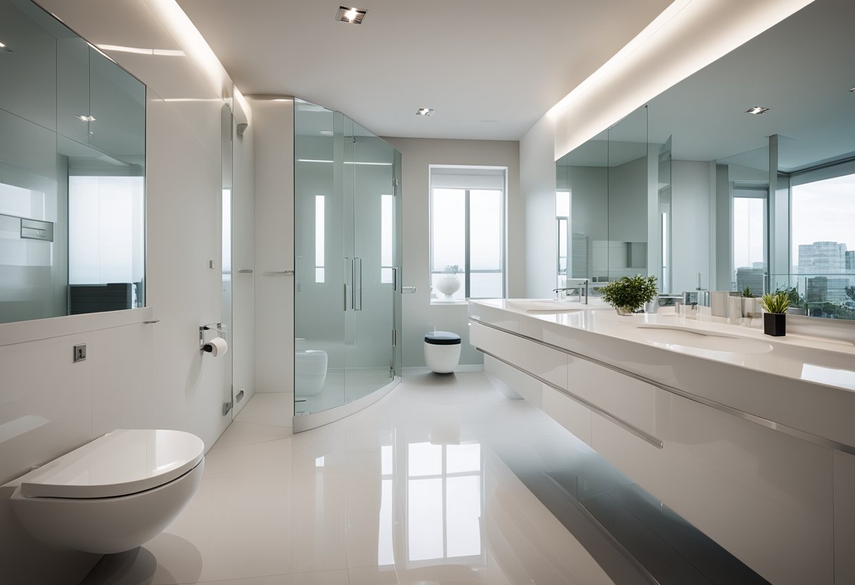 A sleek, modern toilet vanity with clean lines and a glossy white finish. A large mirror reflects the minimalist design, with chrome fixtures adding a touch of elegance