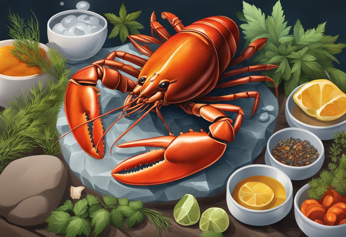 A lobster sits on a bed of rocks, surrounded by herbs and spices. A pot of boiling water simmers nearby