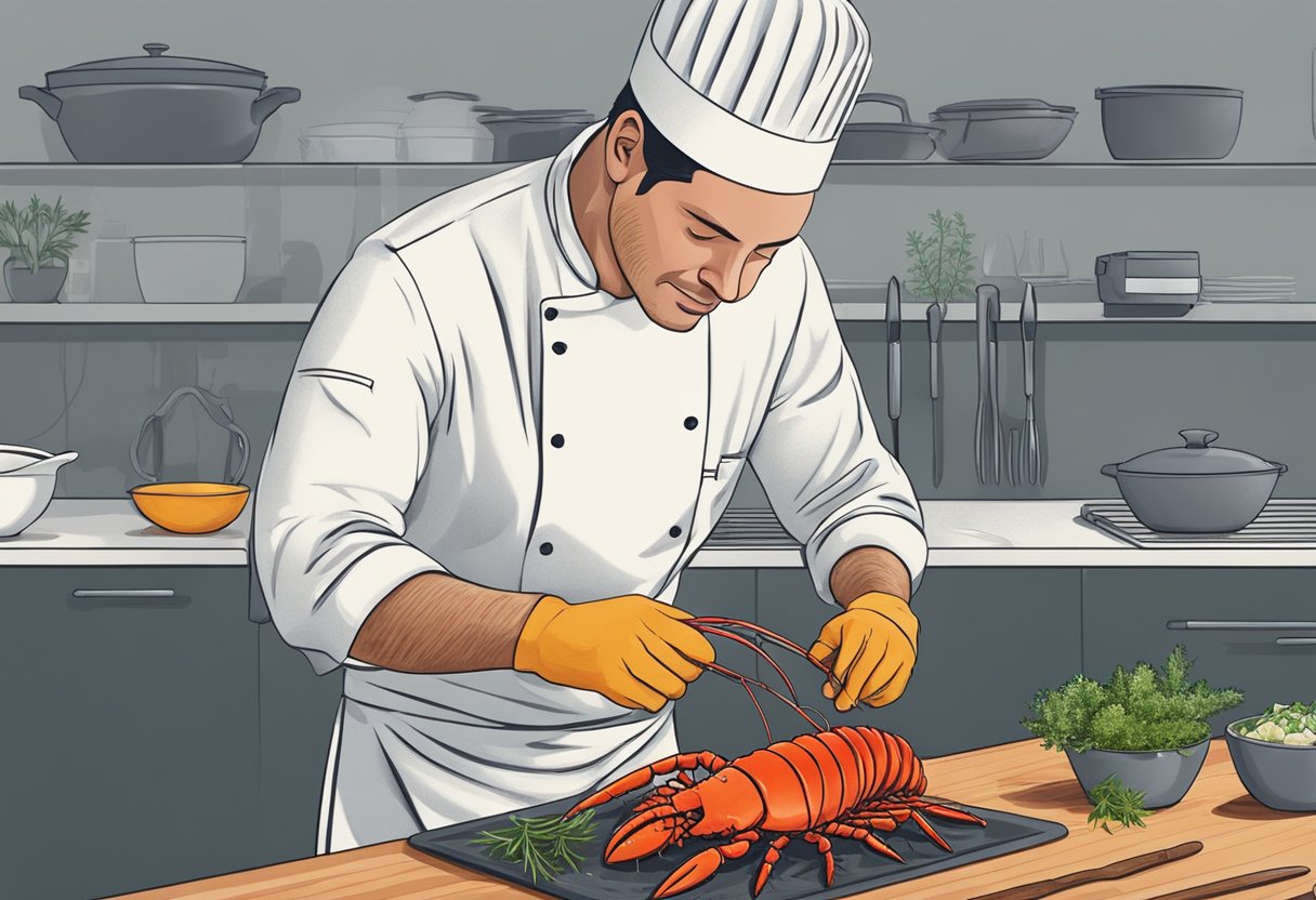 A chef cleans and cuts a fresh rock lobster, then seasons it with herbs and spices before grilling it to perfection