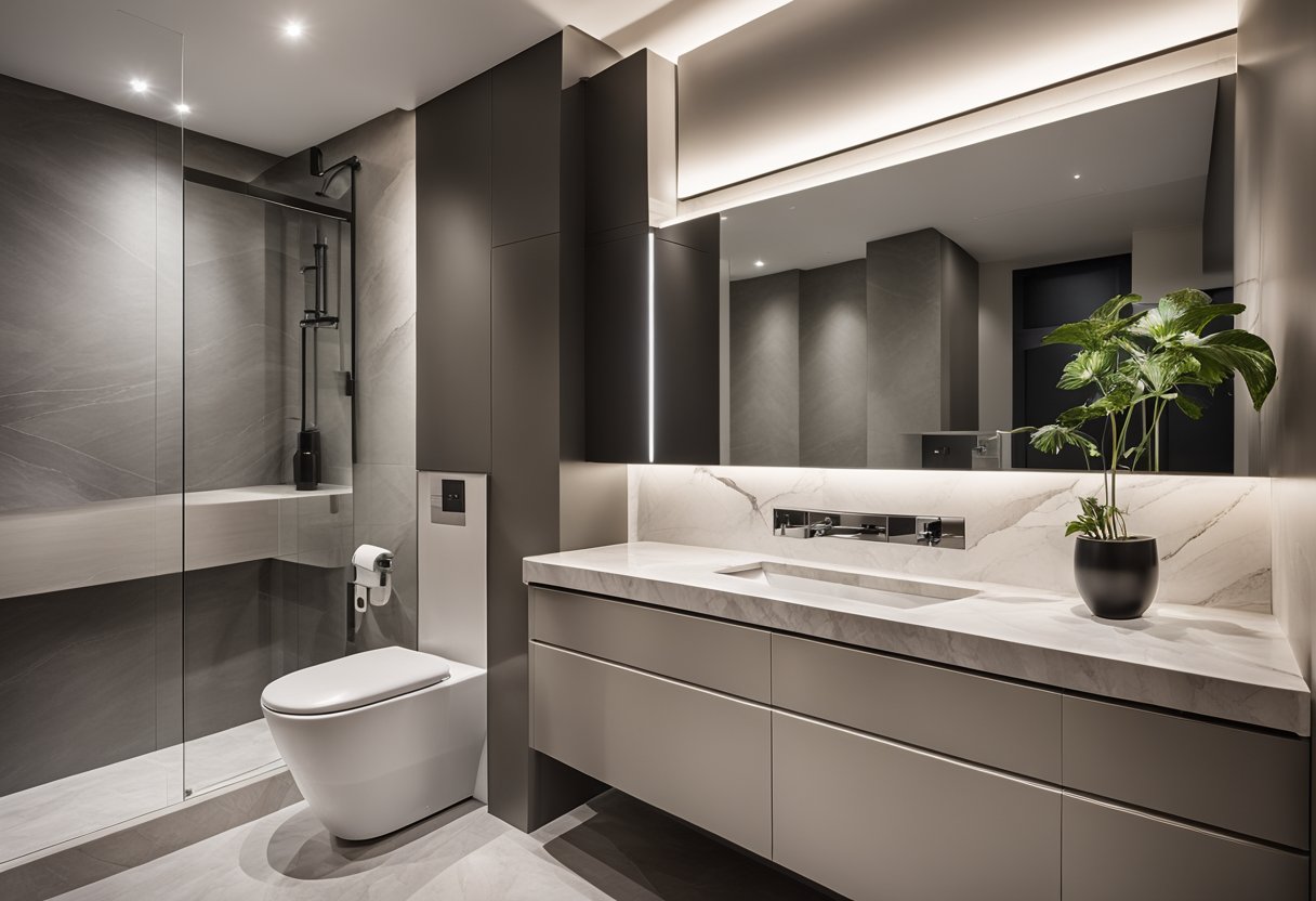 A modern toilet vanity design with sleek lines and a marble countertop. Considerations for storage space and lighting are evident in the design