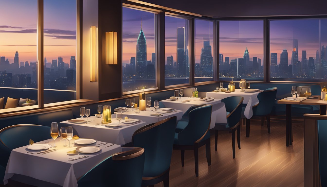 A cozy, elegant restaurant with dim lighting and modern decor, overlooking the city skyline and serving gourmet cuisine