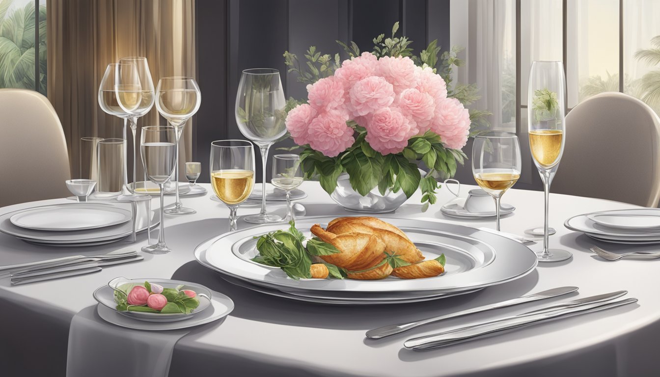 A luxurious table setting with fine dining utensils, elegant glassware, and a beautifully arranged floral centerpiece at Prive restaurant in Singapore